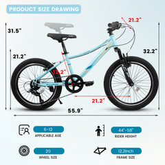 A20261 20 Inch Children's Bicycle, Shock Absorbing Front Fork, 7 - Speed, V - Brakes, Mountain Tire, Boys And Girls Kids Bike For Outdoor Adventure
