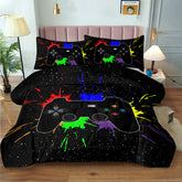 Black Video Game Comforter For Girls Boys Red Blue Green Purple Yellow Ink Game Controller Bedding Boy Bedroom Living Bed Decor With 1 Comforter 2 Pillow Shams