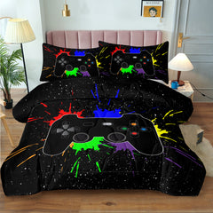 Black Video Game Comforter For Girls Boys Red Blue Green Purple Yellow Ink Game Controller Bedding Boy Bedroom Living Bed Decor With 1 Comforter 2 Pillow Shams