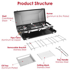 3 Burner Camping Stove 20000 BTU Portable Foldable Propane Stove With Toast Tray Windshield Portable Handle Outdoor Cooking Gas Stove For RV Camping BBQ Picnic